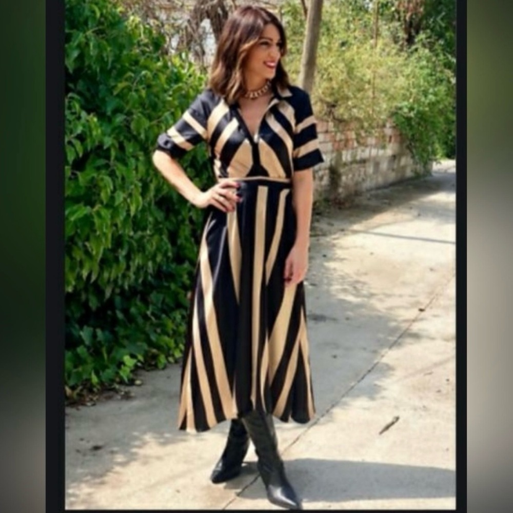 Zara Stylish Black and Tan Striped Shirt Dress